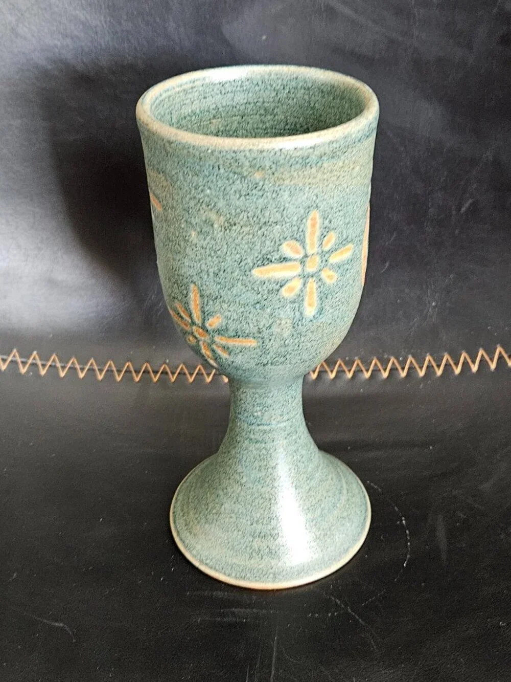 Vintage Kokopelli Studio Pottery Wine Goblet Signed Moki Blue Teal Glazed 2000